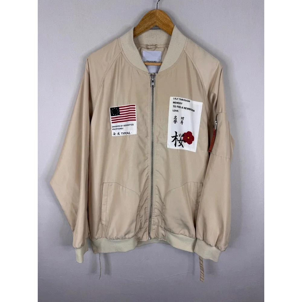 Profound Aesthetic Mens XL Tan Bomber Jacket Graphic Patches‎ Streetwear Type A2